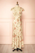 Tieran | Sage Floral Satin Maxi Dress with Lace