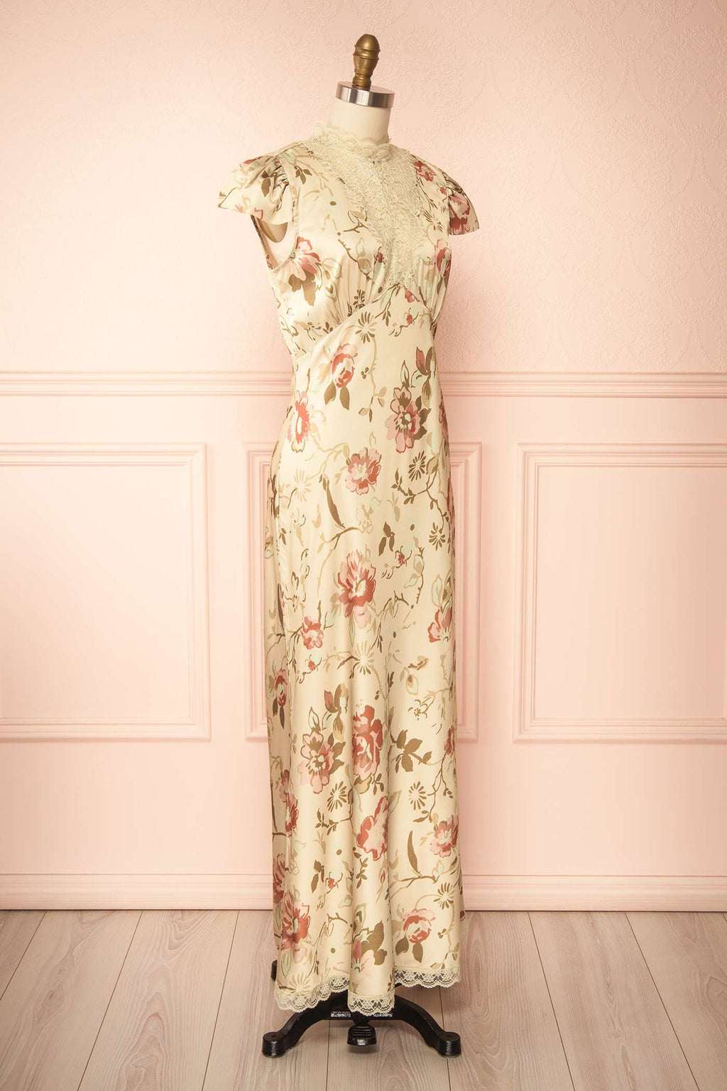 Tieran | Sage Floral Satin Maxi Dress with Lace