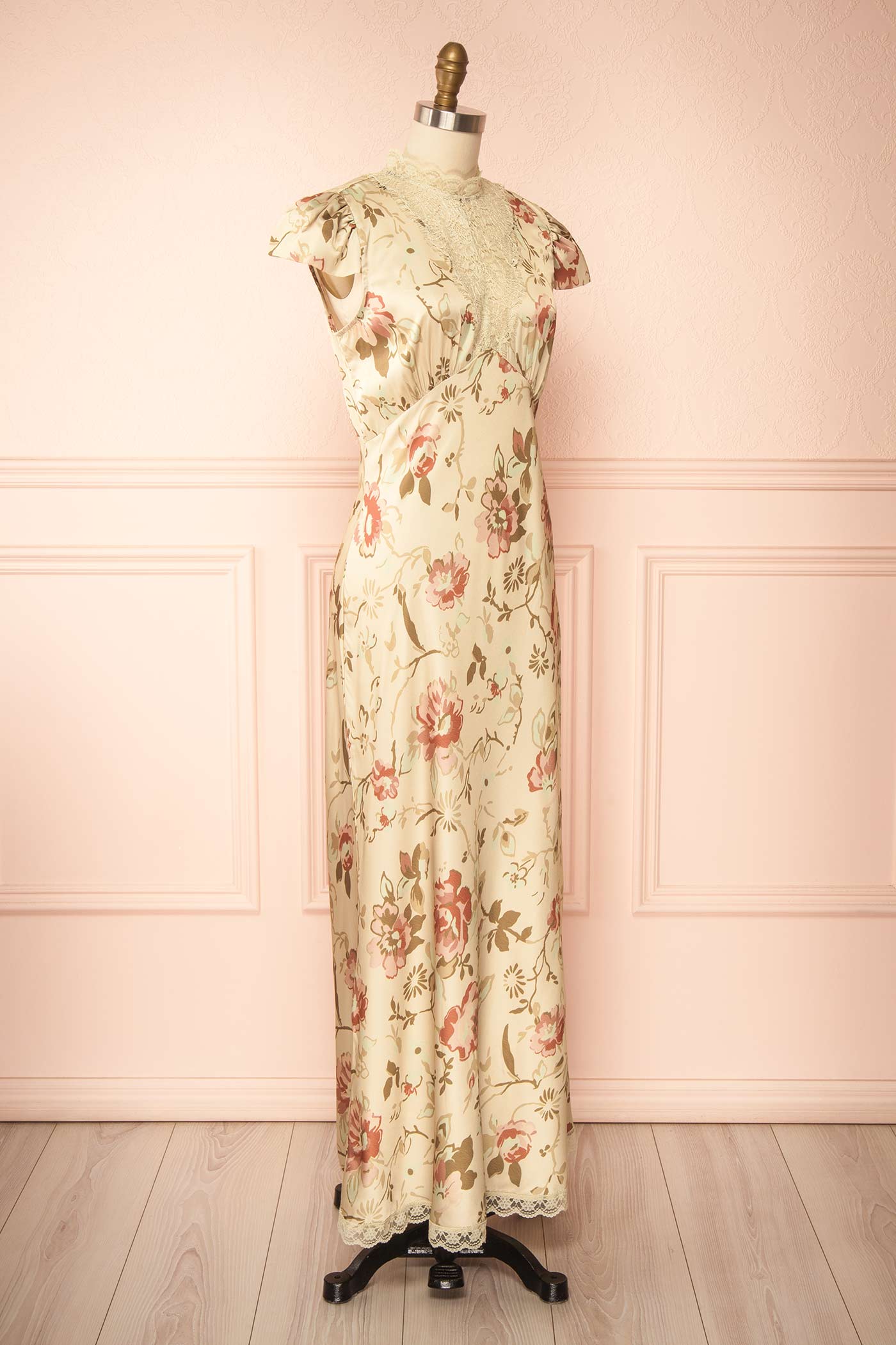Tieran | Sage Floral Satin Maxi Dress with Lace