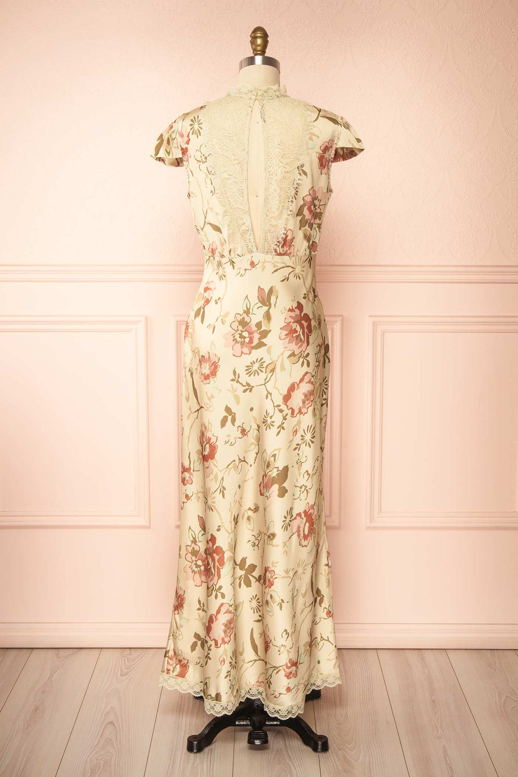 Tieran | Sage Floral Satin Maxi Dress with Lace