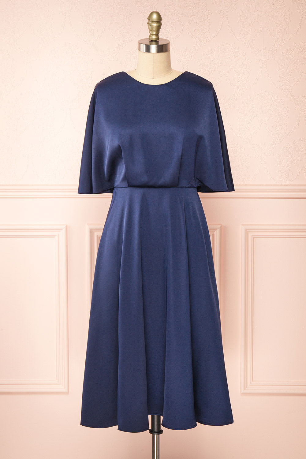 Tordis Navy | Satin Midi Dress w/ Bell Sleeves