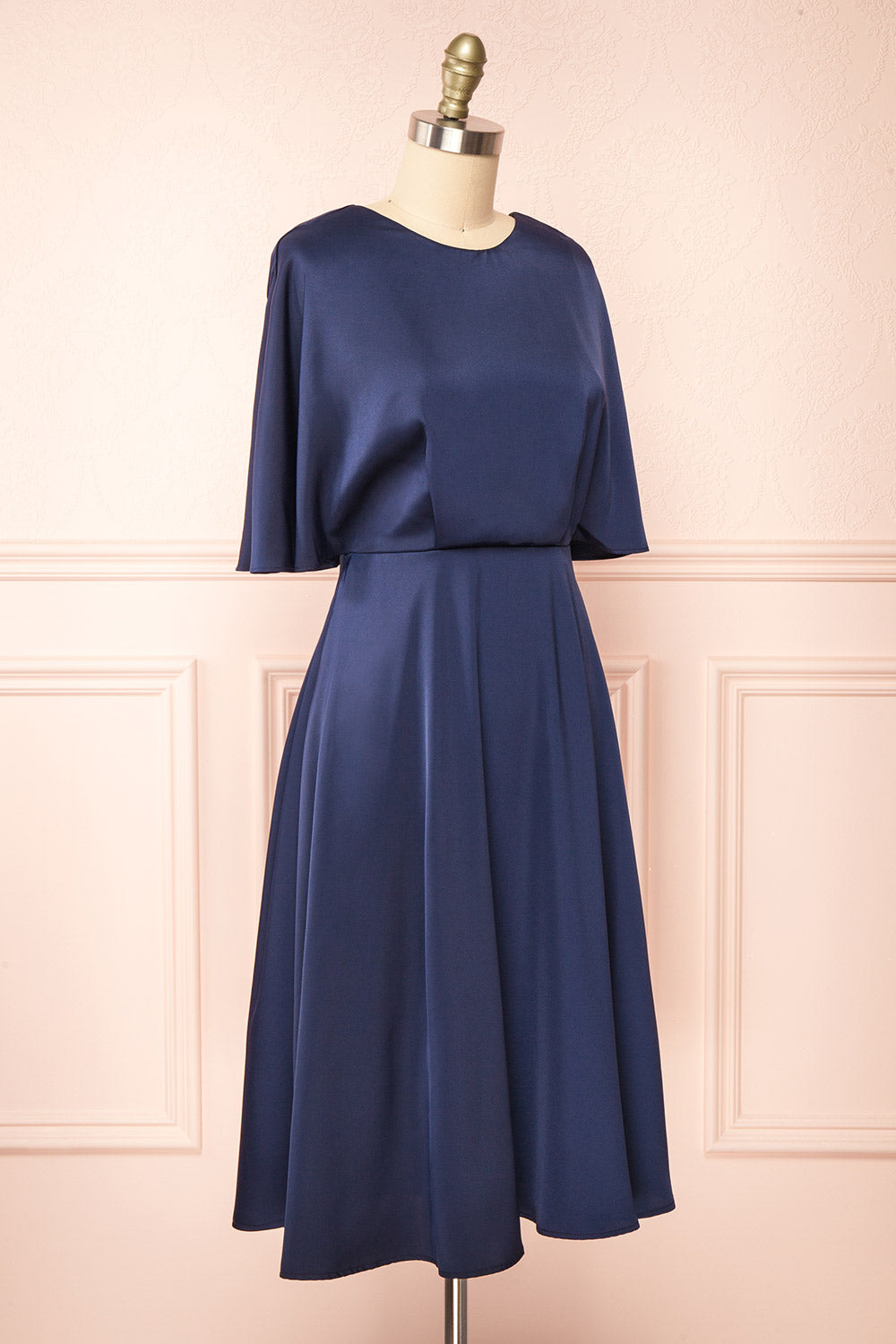 Tordis Navy | Satin Midi Dress w/ Bell Sleeves