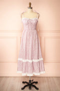 Uluria | Pink Floral Midi Dress with Sweetheart Neckline