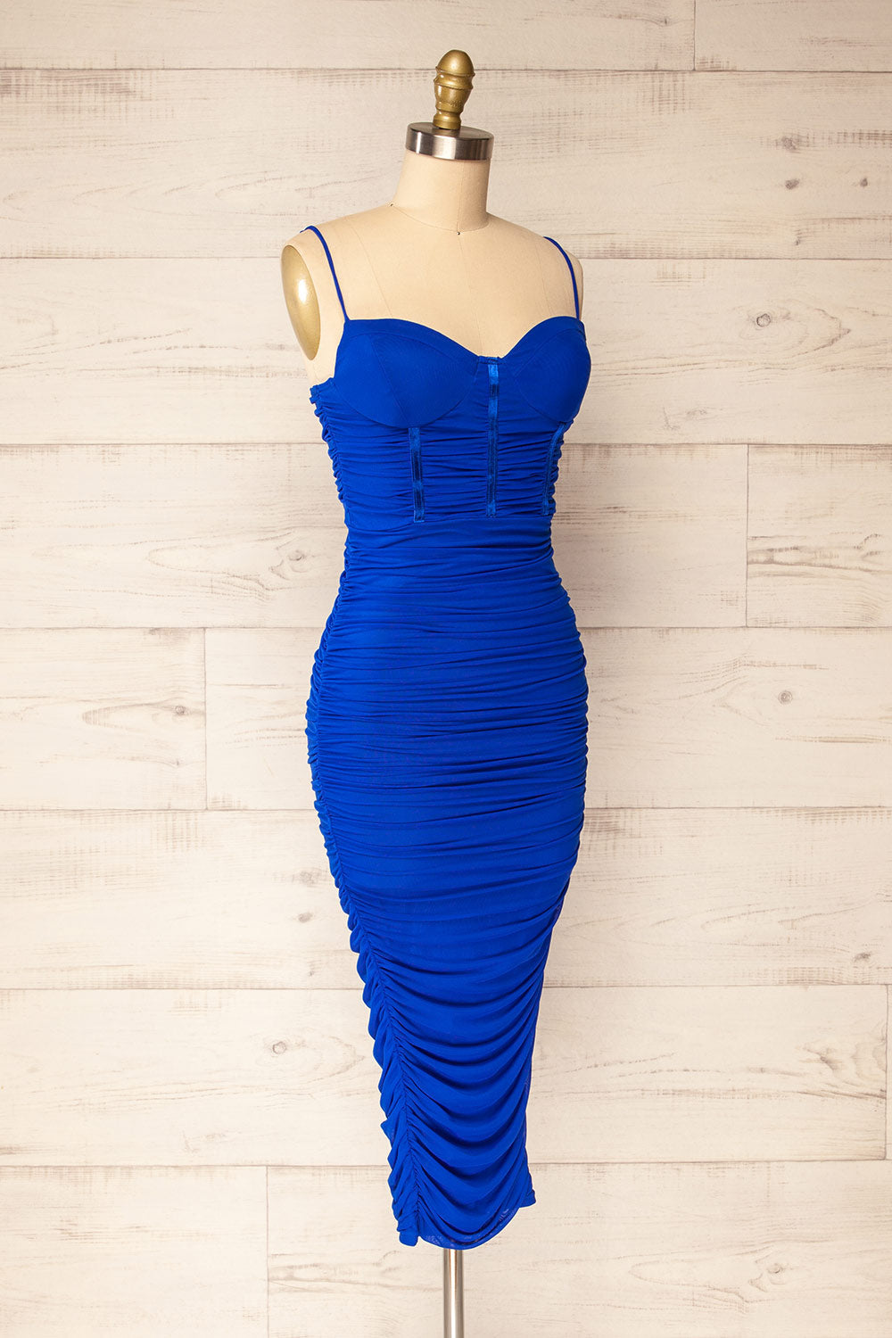 Venise Blue | Fitted Ruched Midi Dress w/ Bustier Bodice