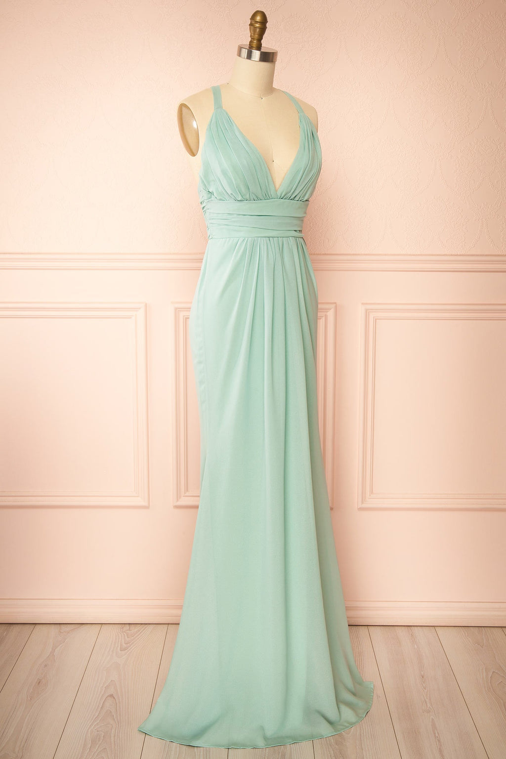 Zanura Mint | V-Neck Chiffon Maxi Dress with Lace-Up Back