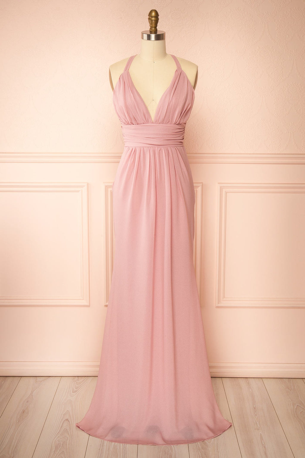 Zanura Pink | V-Neck Chiffon Maxi Dress with Lace-Up Back