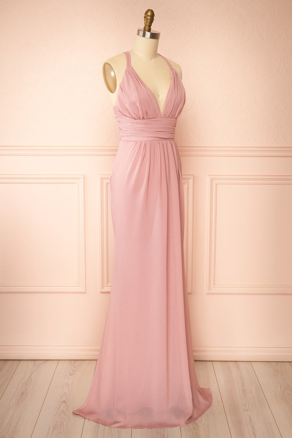 Zanura Pink | V-Neck Chiffon Maxi Dress with Lace-Up Back