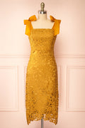 Zelly | Fitted Midi Mustard Crocheted Lace Dress