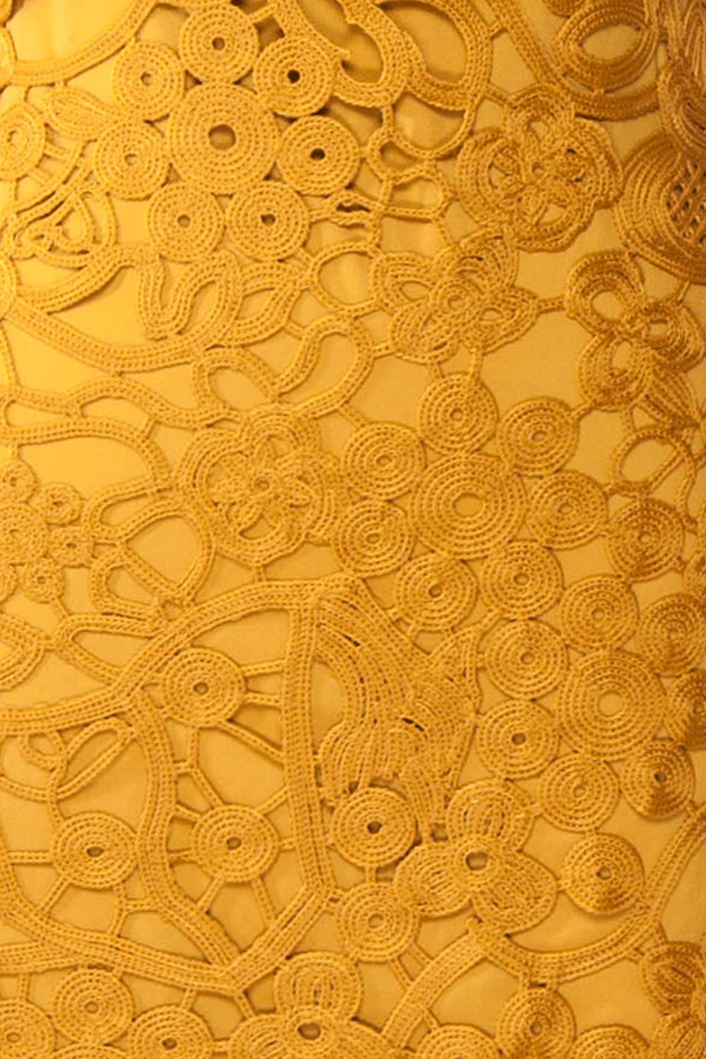 Zelly | Fitted Midi Mustard Crocheted Lace Dress