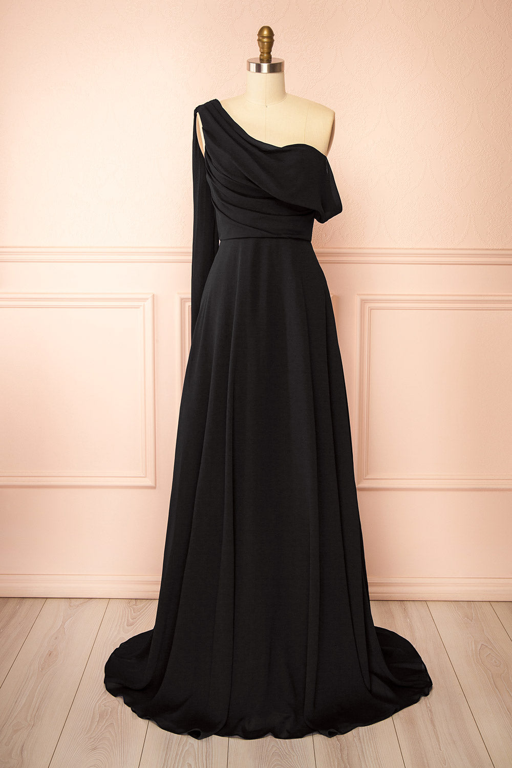 Zorua Black | One-Shoulder Maxi Dress with Cape Sleeve