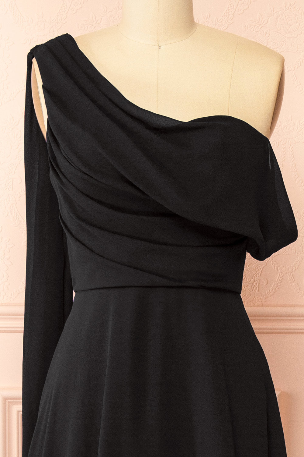 Zorua Black | One-Shoulder Maxi Dress with Cape Sleeve