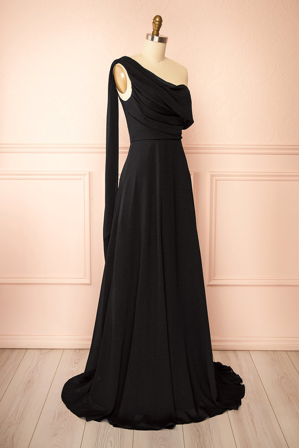 Zorua Black | One-Shoulder Maxi Dress with Cape Sleeve