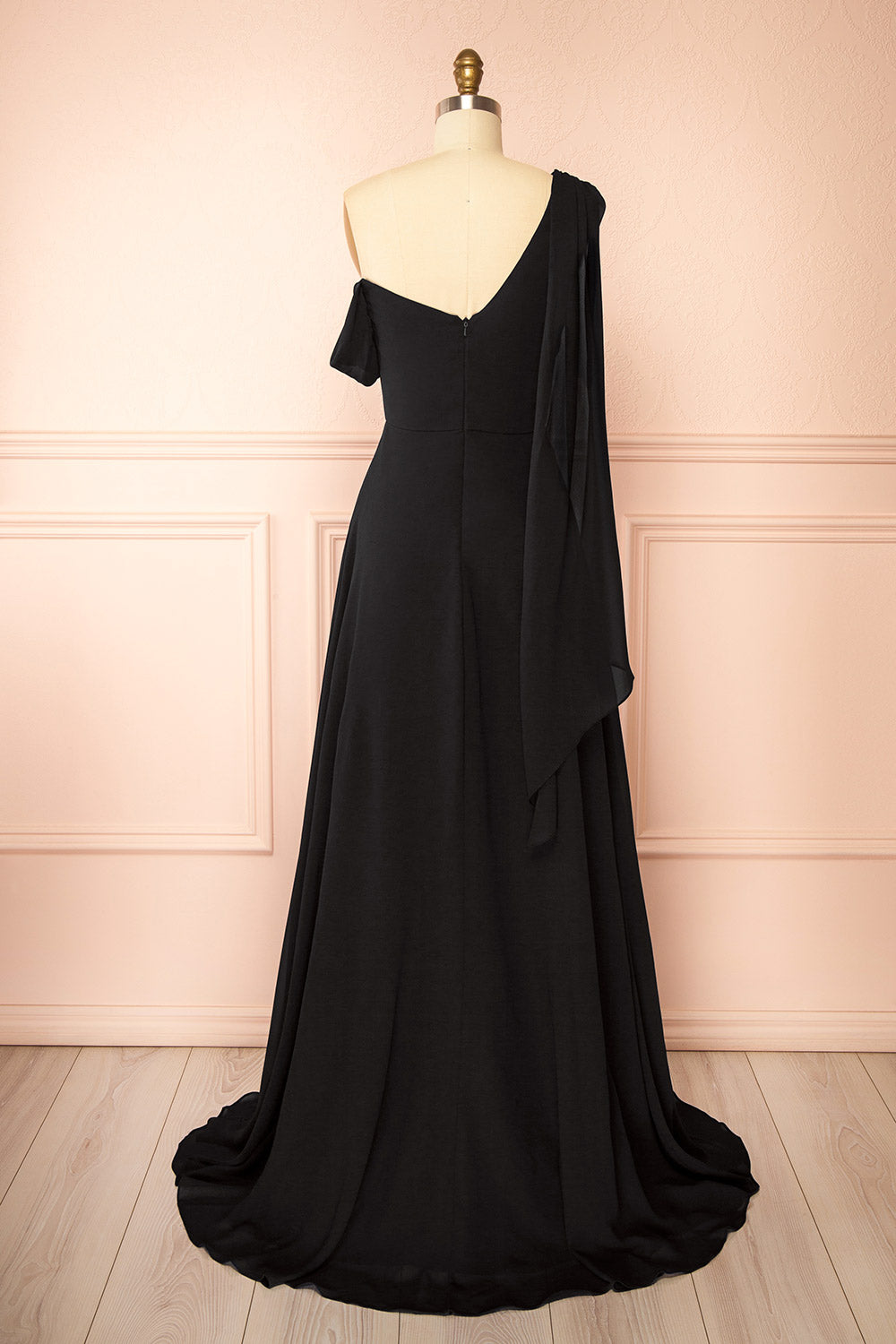 Zorua Black | One-Shoulder Maxi Dress with Cape Sleeve