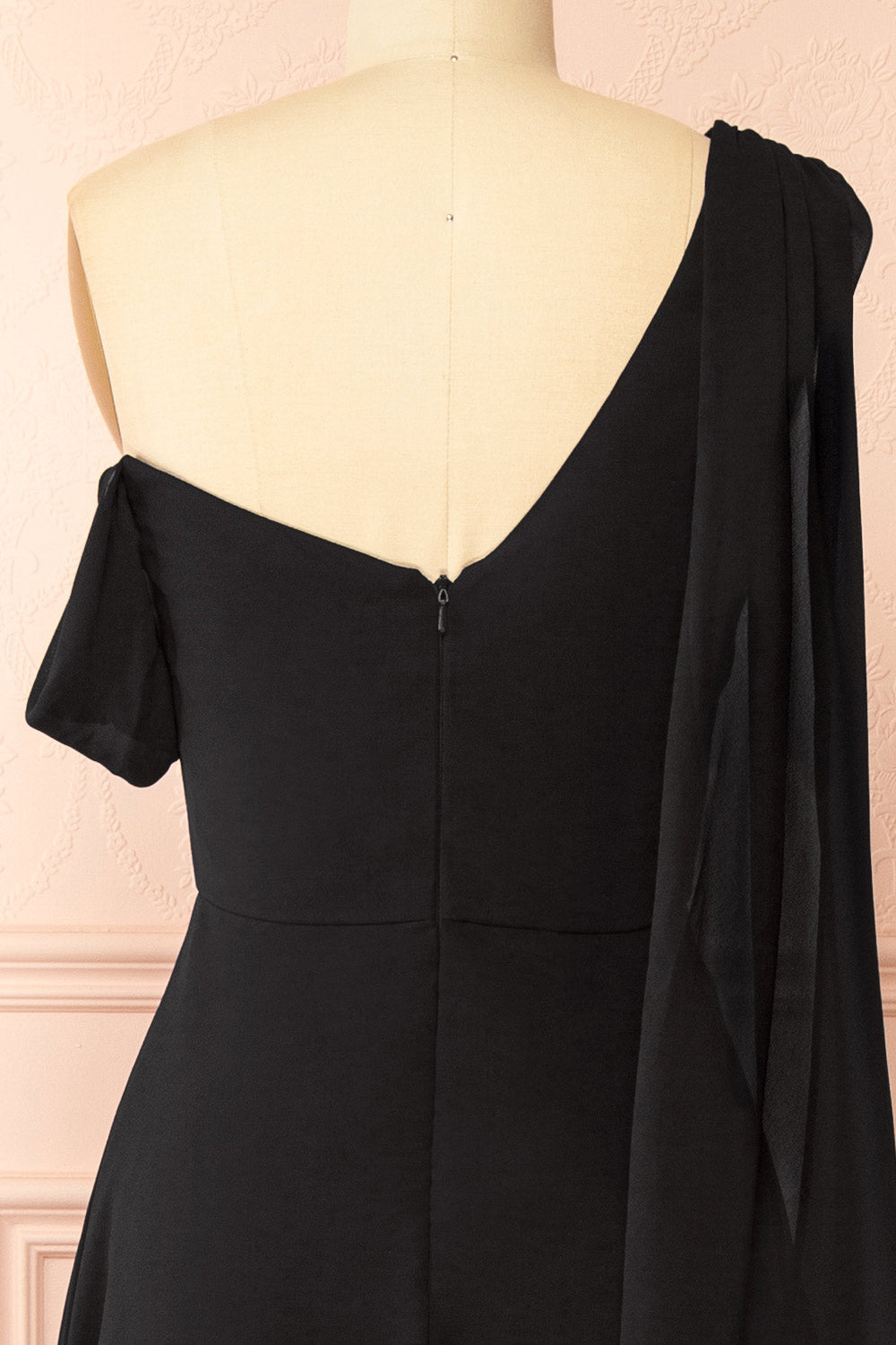 Zorua Black | One-Shoulder Maxi Dress with Cape Sleeve